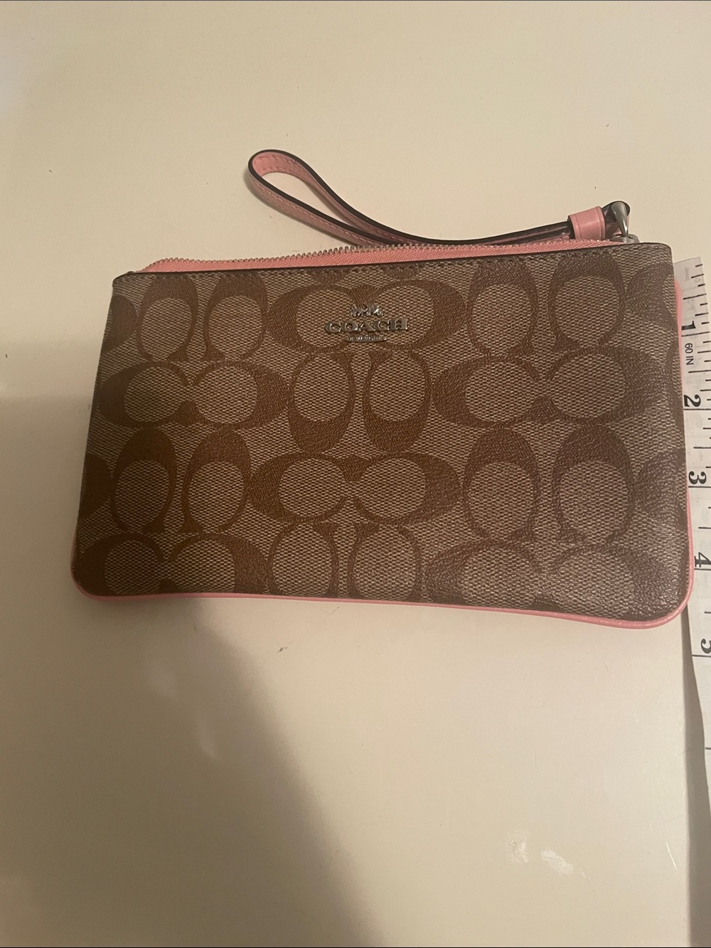 Coach Brown Signature large Wristlet with Pink Trim